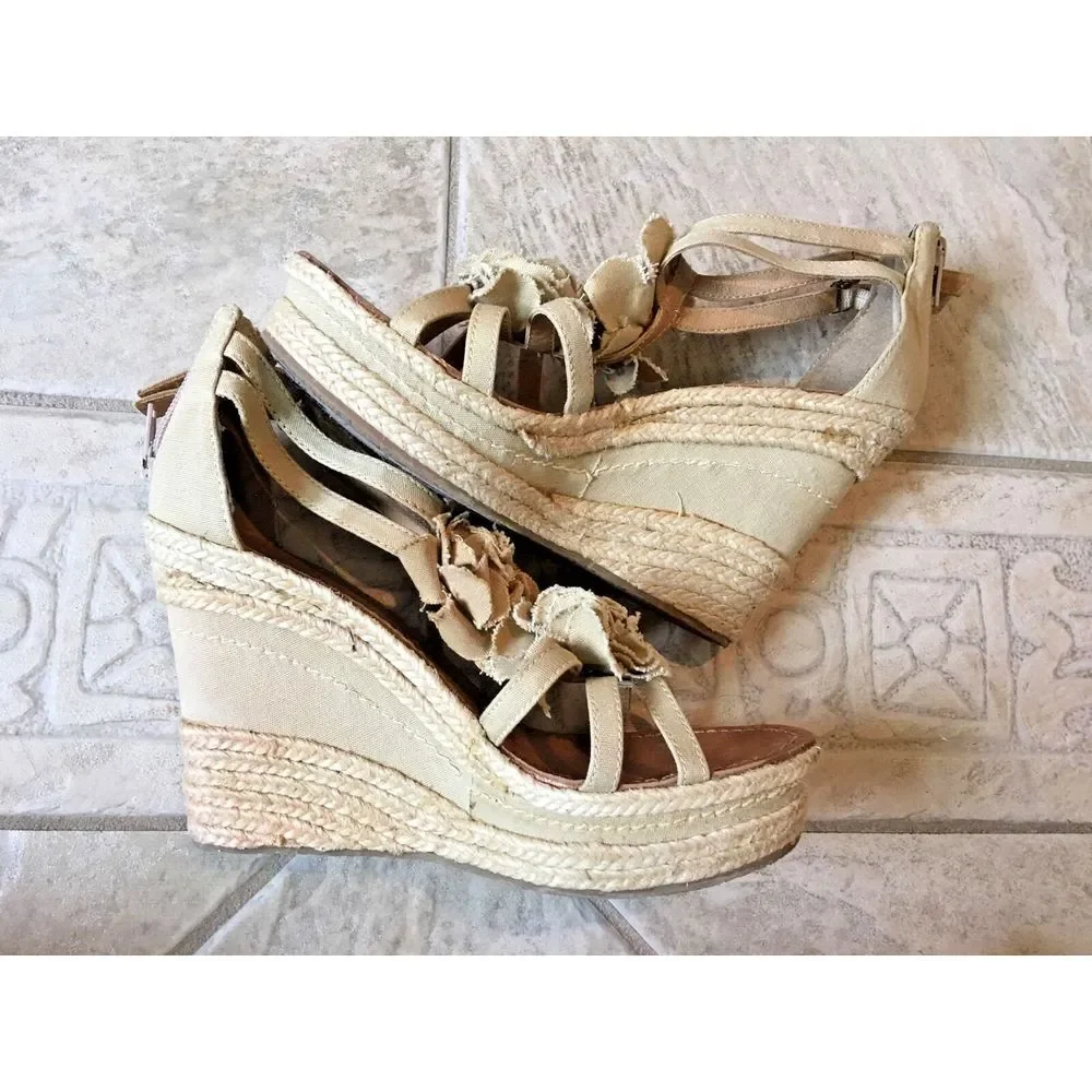 Nine West Women's Burlap Wedge Open Toe Sandals - sz 7.5 with flowers‎
